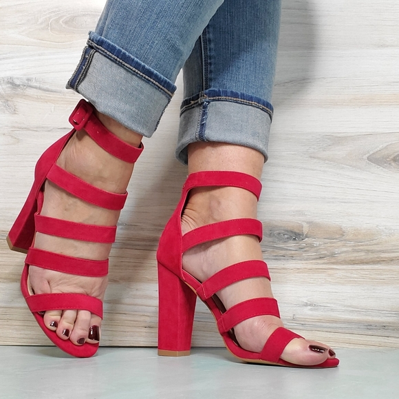 NEW Red Suede Strap Buckle Heels - Picture 3 of 7